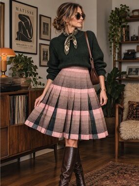 Vintage Sportrite Reversible Wool Pleated Pink Taupe Green Plaid Prep Mini Skirt